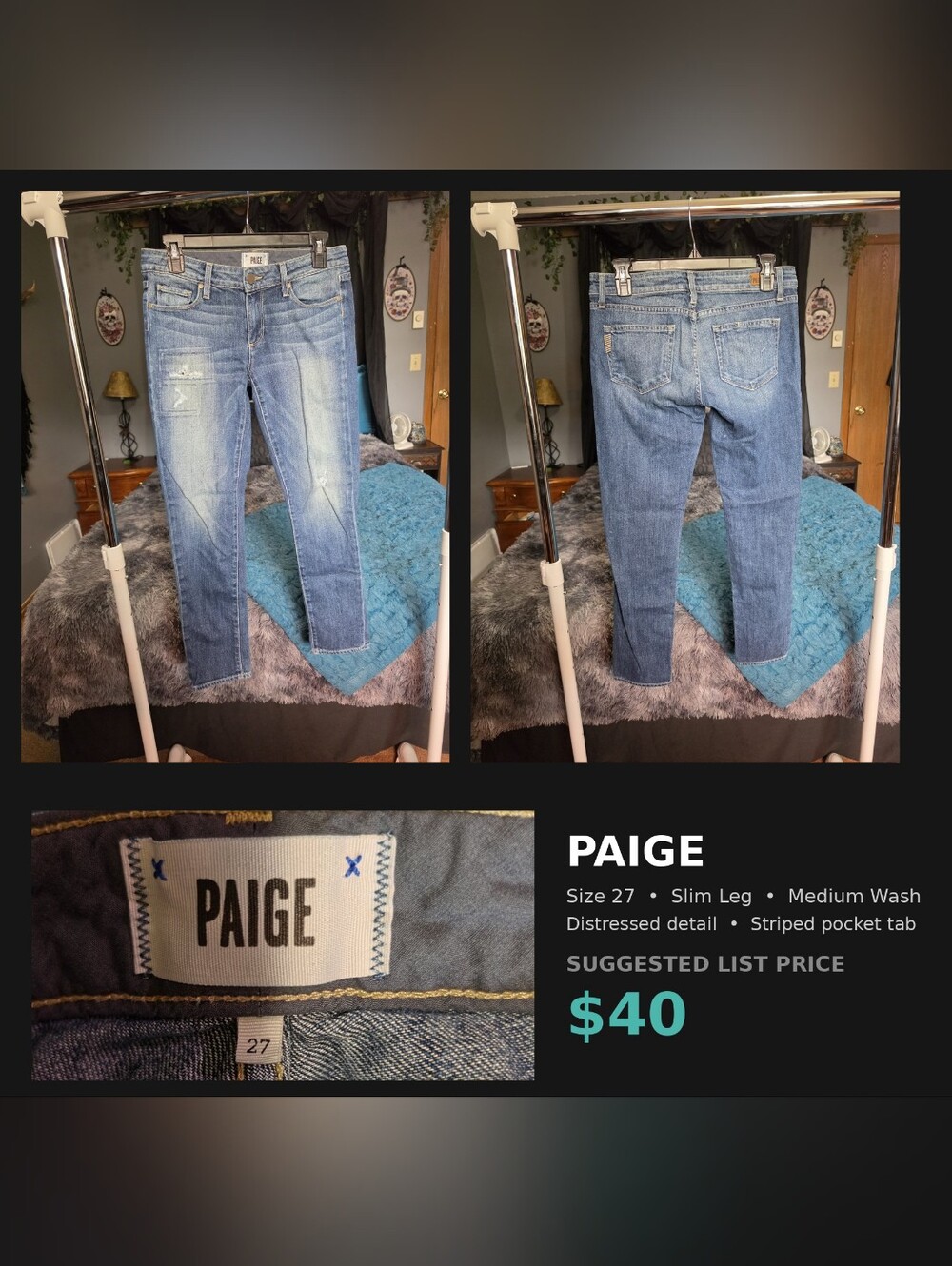 PAIGE Women's 27 Slim Leg Jeans Medium Wash Distressed Detail